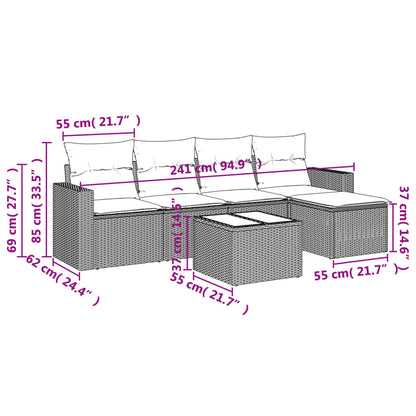 6 pcs conjunto sofás de jardim c/ almofadões vime PE preto