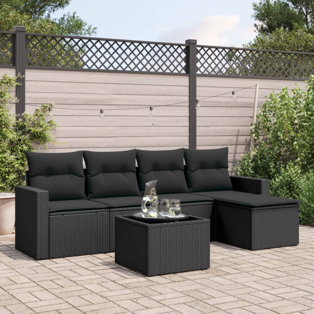 6 pcs conjunto sofás de jardim c/ almofadões vime PE preto