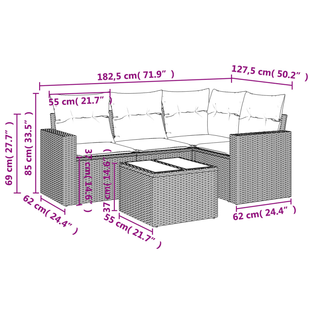 5 pcs conjunto sofás de jardim com almofadões vime PE preto