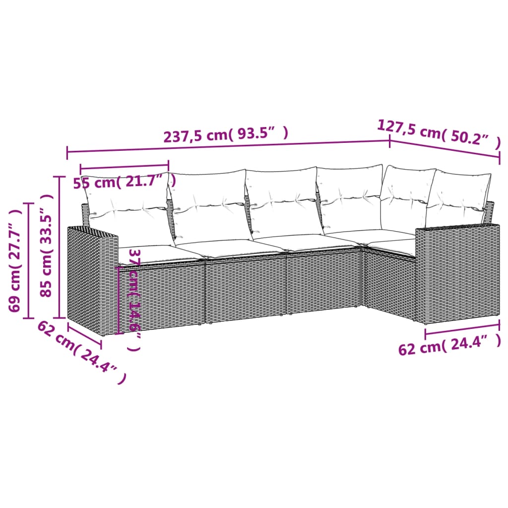 5 pcs conjunto sofás de jardim com almofadões vime PE preto