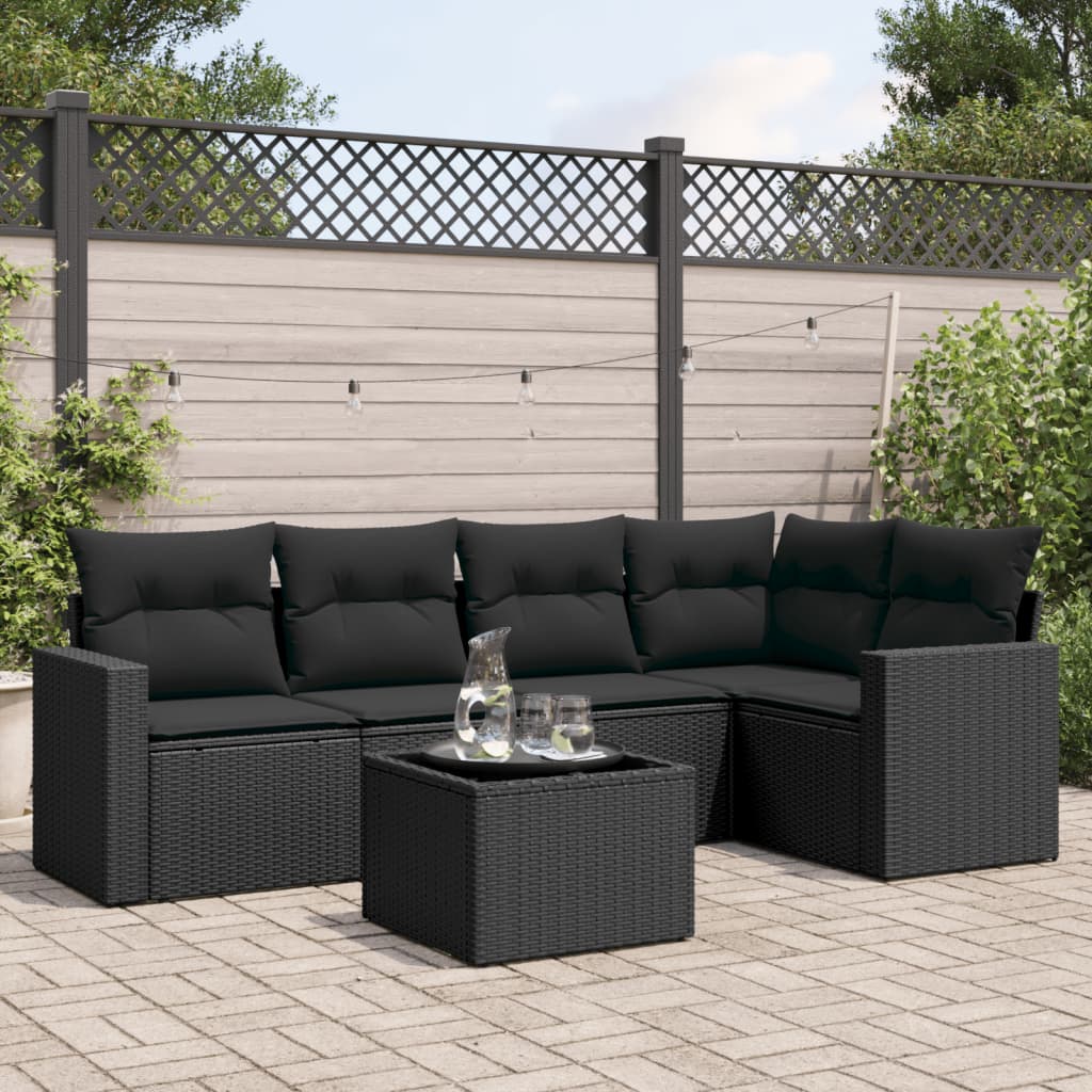 6 pcs conjunto sofás de jardim c/ almofadões vime PE preto