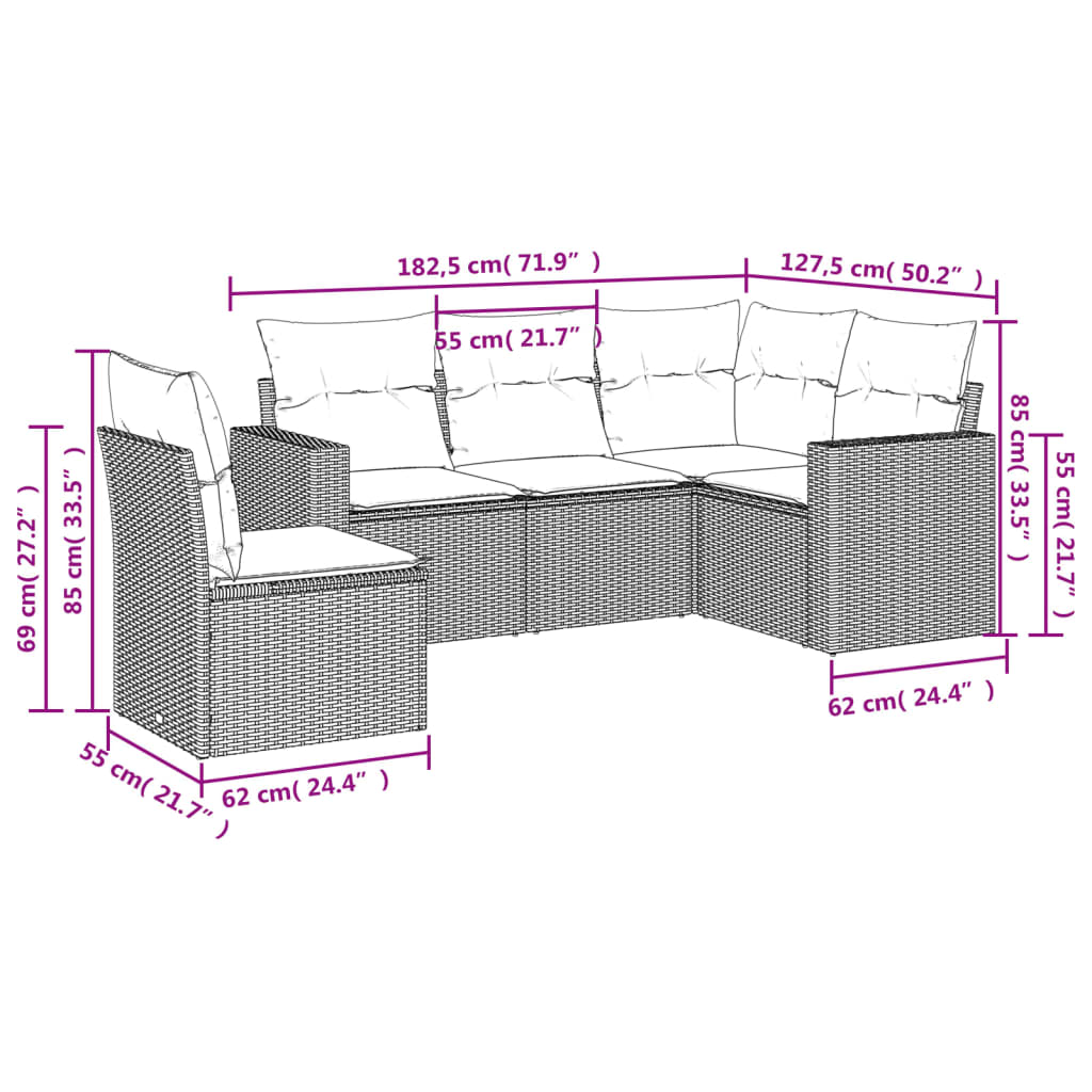 5 pcs conj. sofás jardim c/ almofadões vime PE cinzento-claro