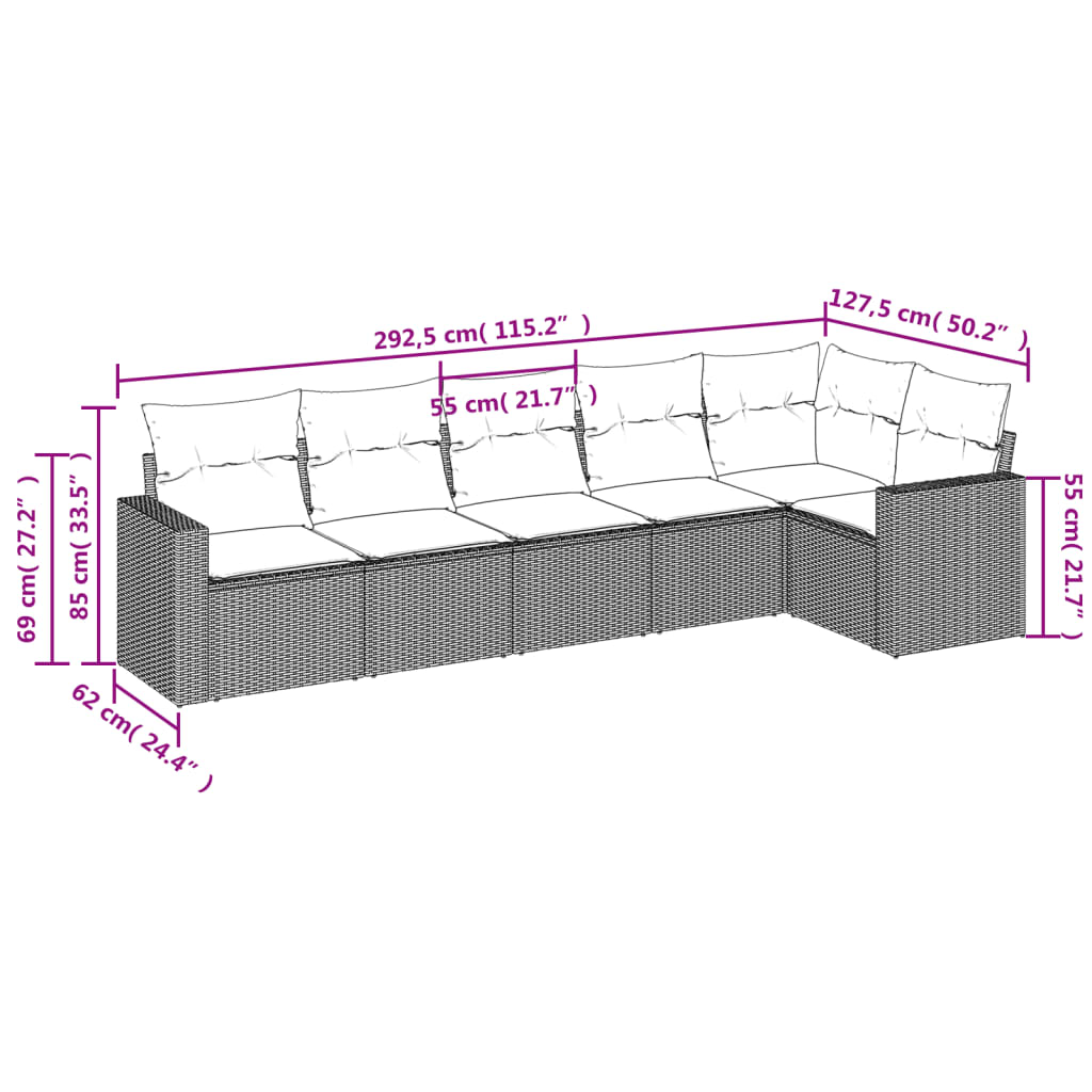 6 pcs conjunto sofás de jardim com almofadões vime cinzento