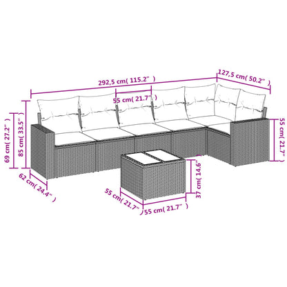 7 pcs conjunto de sofás p/ jardim c/ almofadões vime PE preto