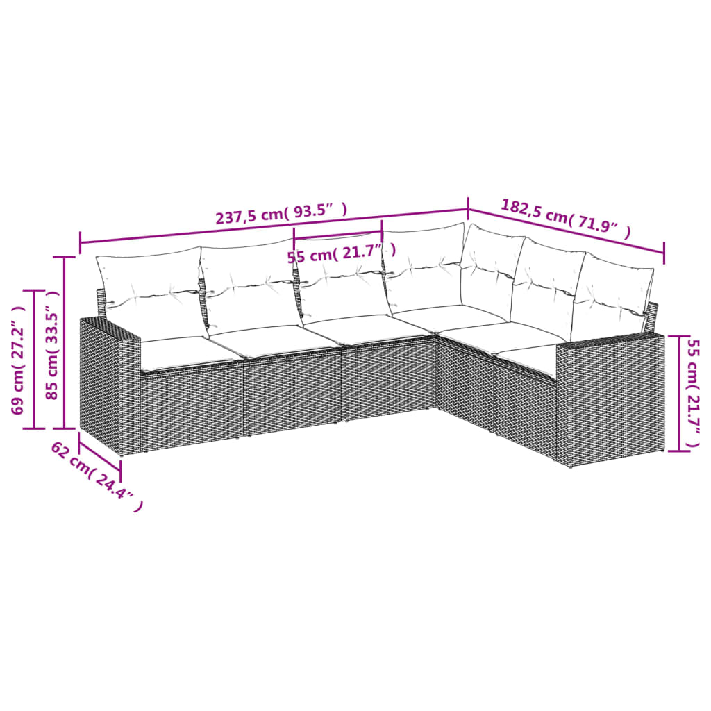 6 pcs conjunto de sofás p/ jardim com almofadões vime PE bege