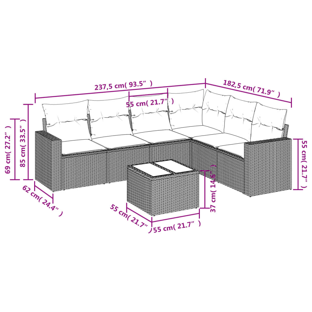 7 pcs conjunto de sofás p/ jardim com almofadões vime PE bege