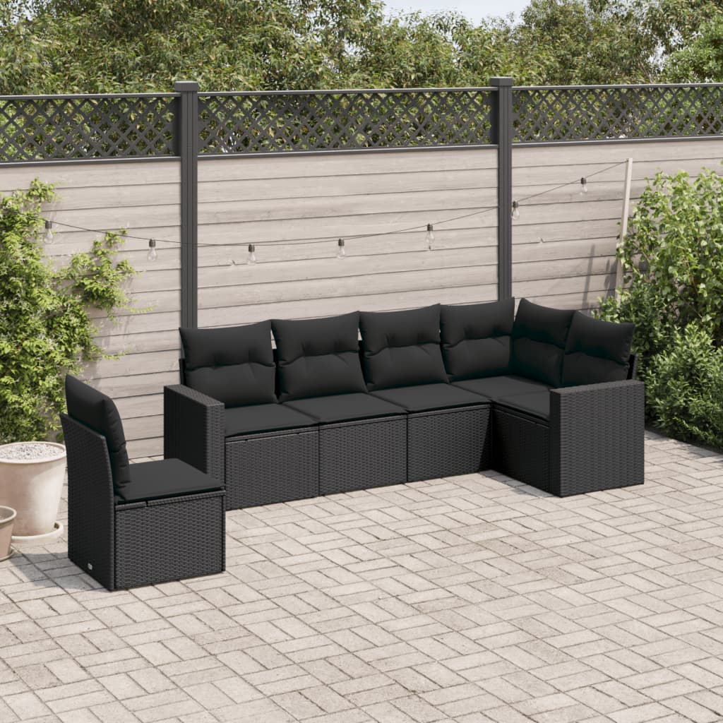 6 pcs conjunto sofás de jardim c/ almofadões vime PE preto