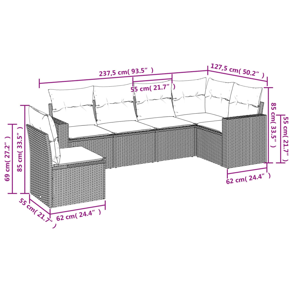 6 pcs conjunto de sofás jardim c/ almofadões vime PE castanho