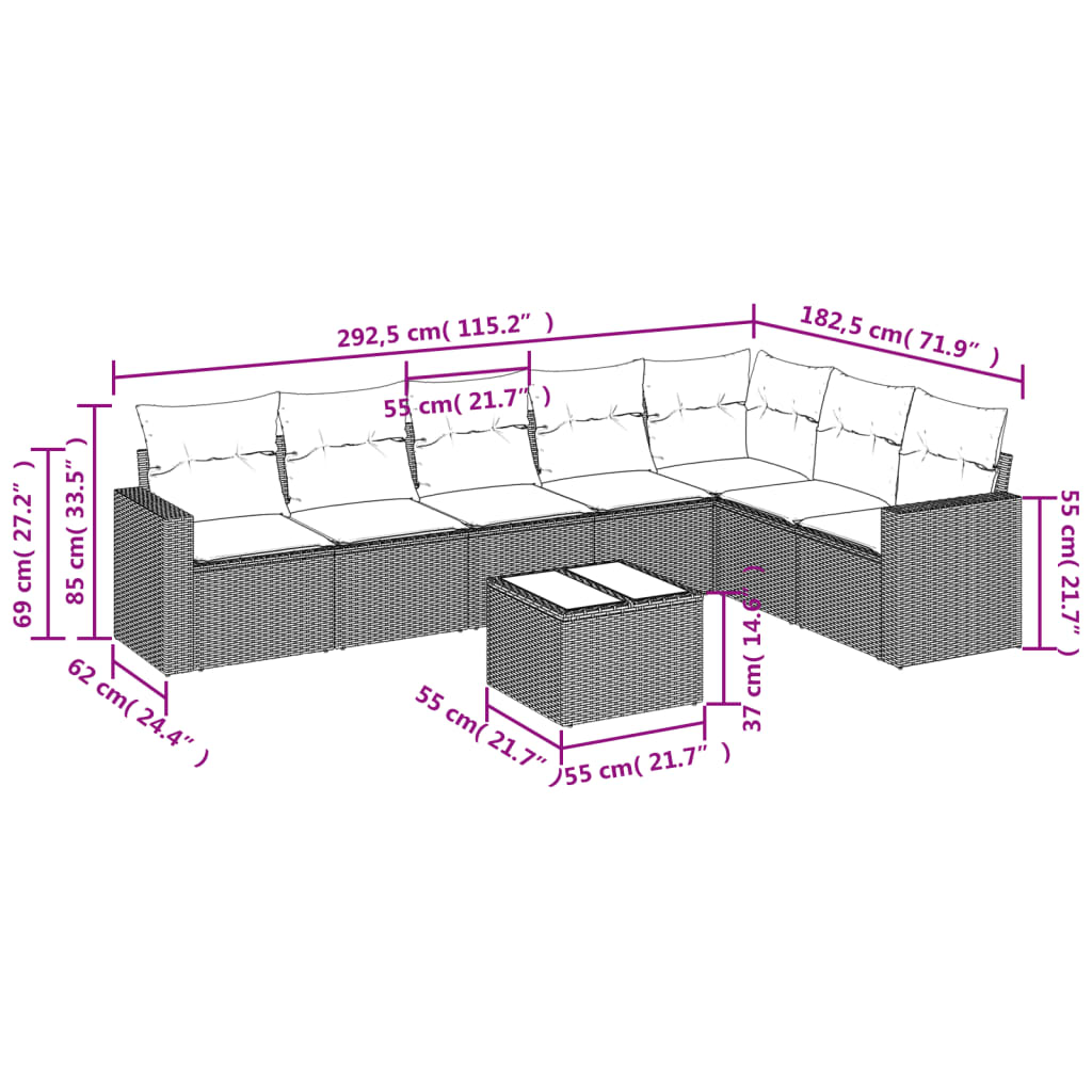 8 pcs conjunto de sofás p/ jardim com almofadões vime PE bege