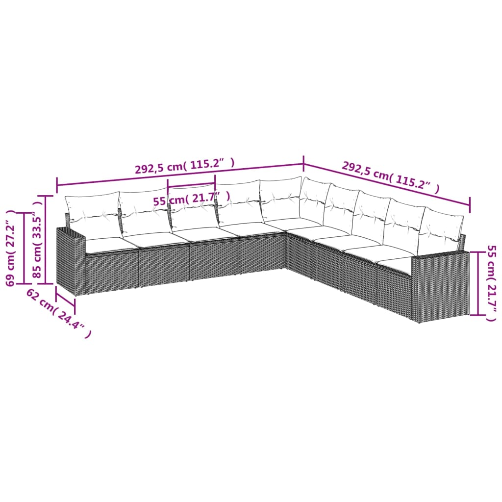 9 pcs conjunto sofás p/ jardim com almofadões vime PE cinzento