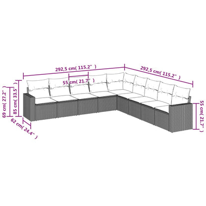 9 pcs conjunto sofás p/ jardim com almofadões vime PE cinzento