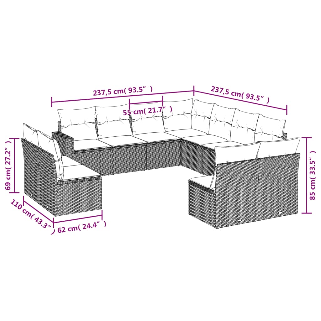 11 pcs conjunto sofás de jardim c/ almofadões vime PE castanho