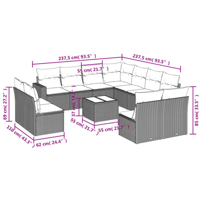 12 pcs conjunto de sofás de jardim c/ almofadões vime PE preto