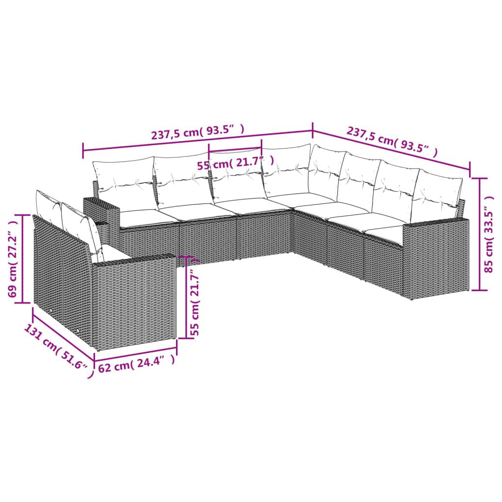 9 pcs conjunto sofás p/ jardim com almofadões vime PE cinzento