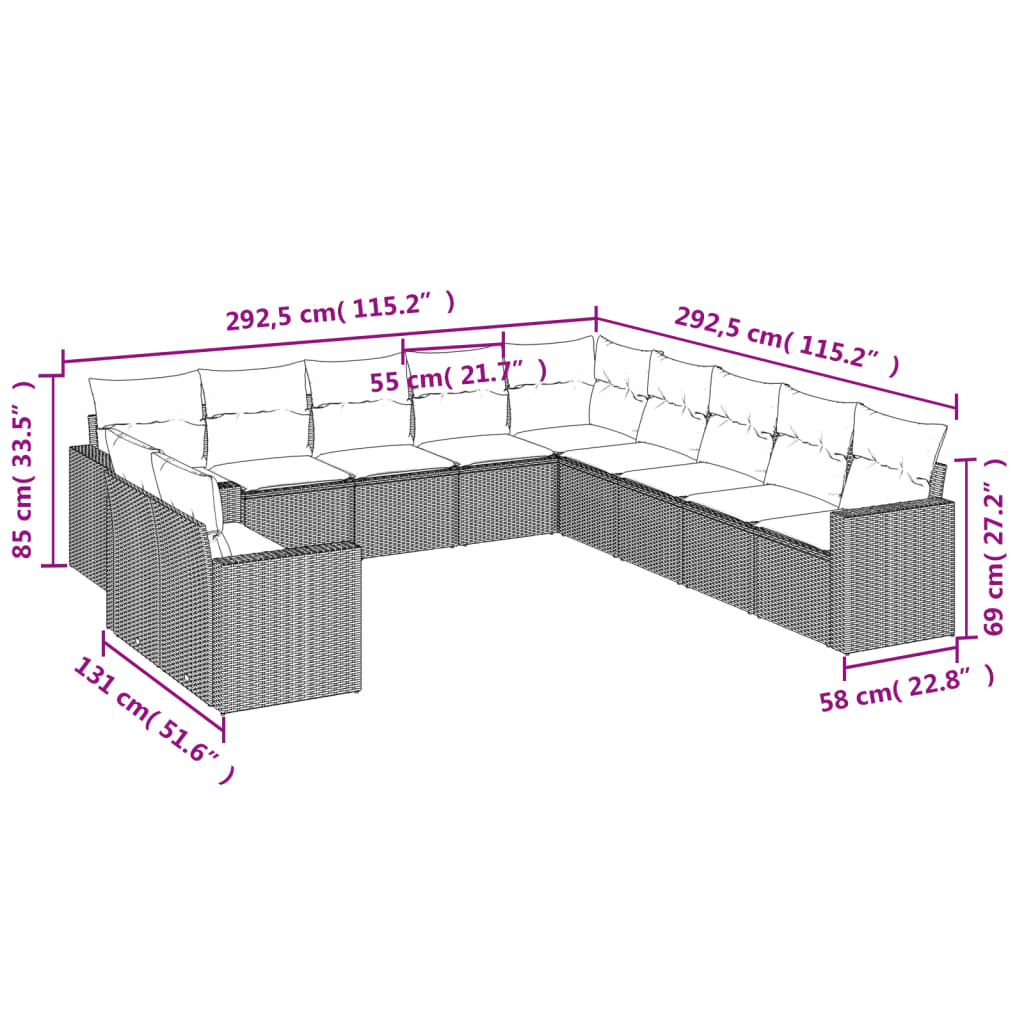 11 pcs conjunto sofás de jardim c/ almofadões vime PE castanho