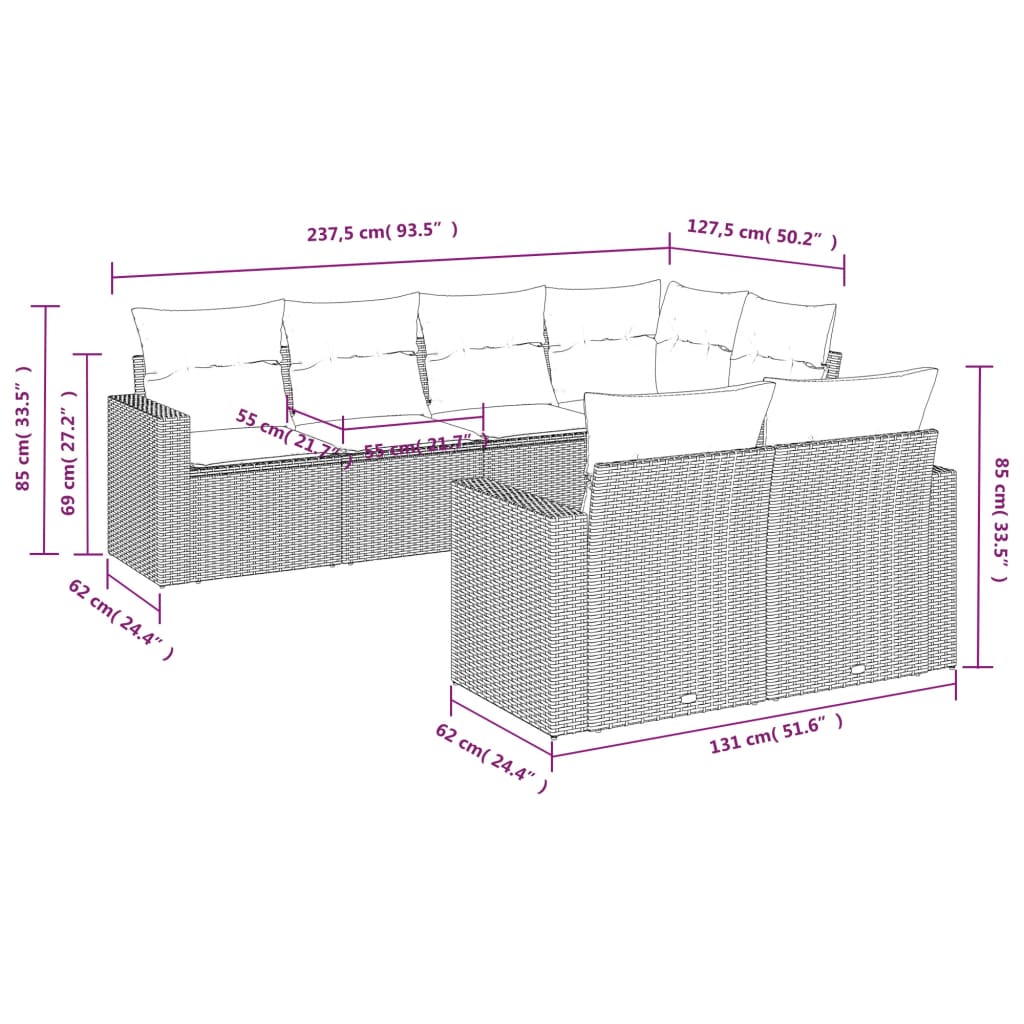 7 pcs conjunto de sofás p/ jardim c/ almofadões vime PE preto