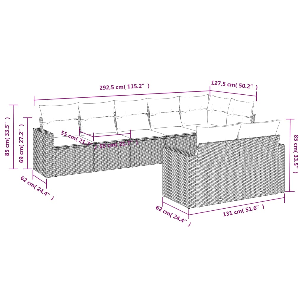 8 pcs conjunto sofás de jardim c/ almofadões vime PE cinzento