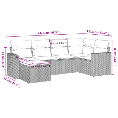 6 pcs conjunto de sofás p/ jardim com almofadões vime PE bege