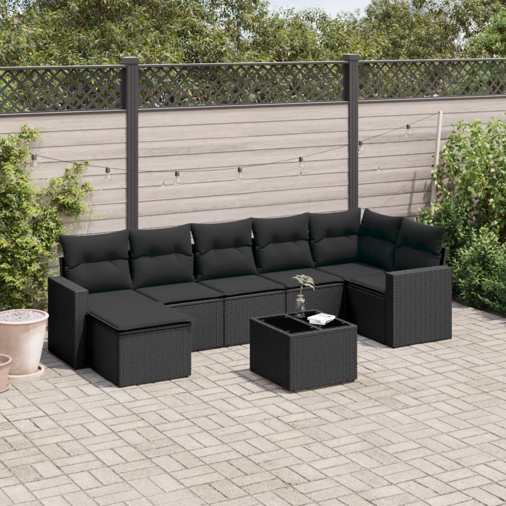 8 pcs conjunto sofás de jardim com almofadões vime PE preto