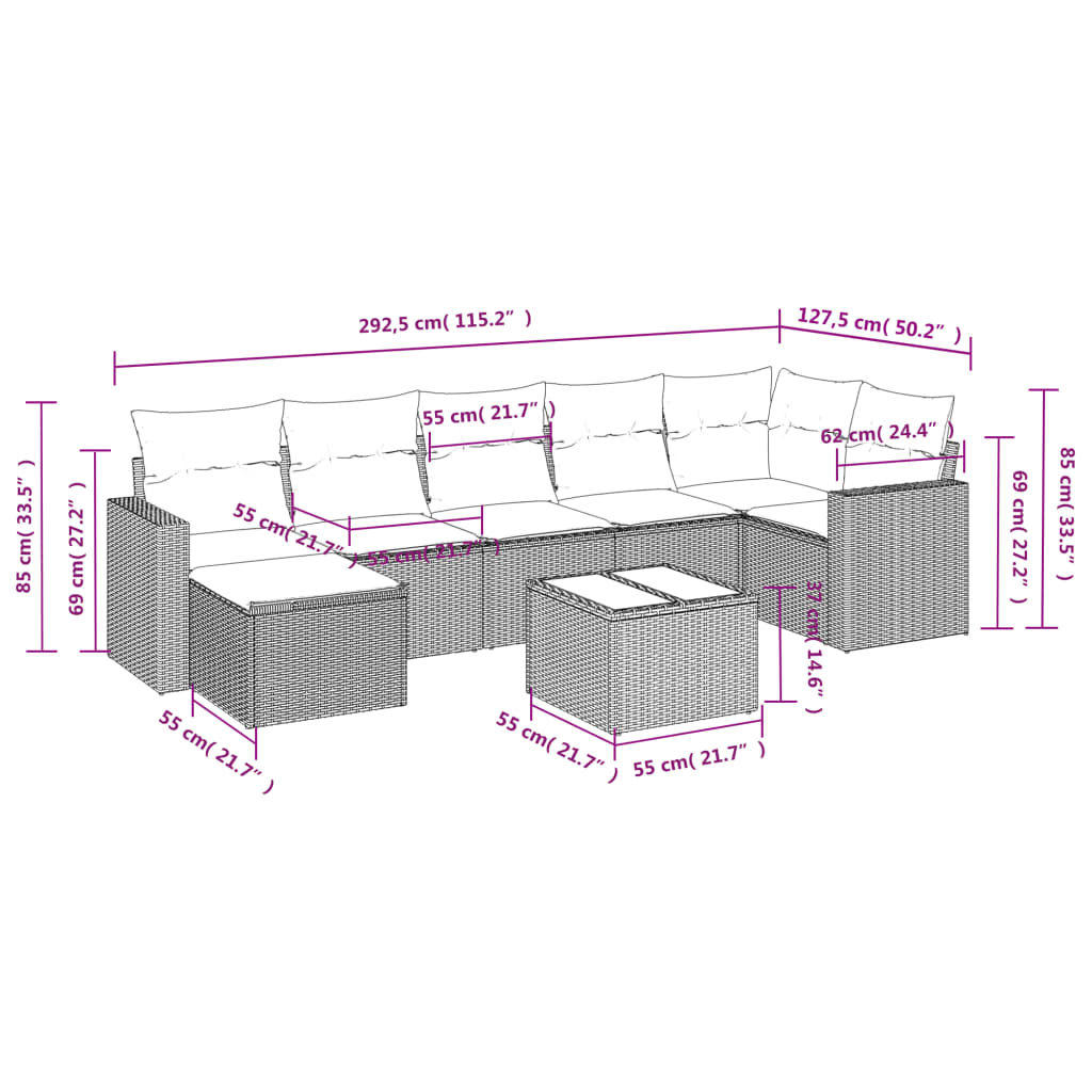 8 pcs conj. sofás jardim c/ almofadões vime PE cinzento-claro