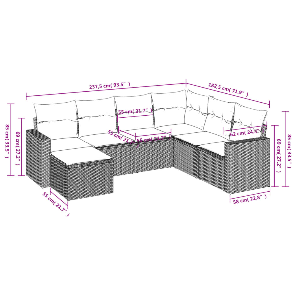 7 pcs conjunto de sofás jardim c/ almofadões vime PE castanho