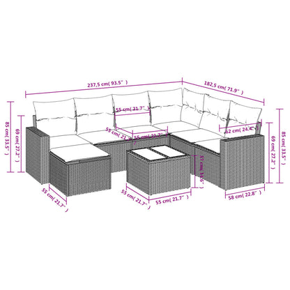 8 pcs conj. sofás jardim c/ almofadões vime PE cinzento-claro