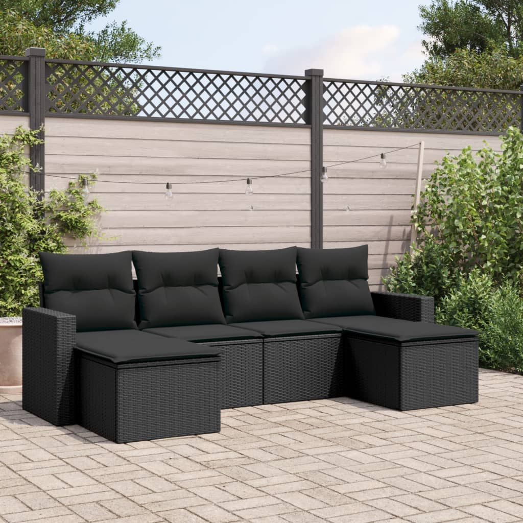 6 pcs conjunto sofás de jardim c/ almofadões vime PE preto