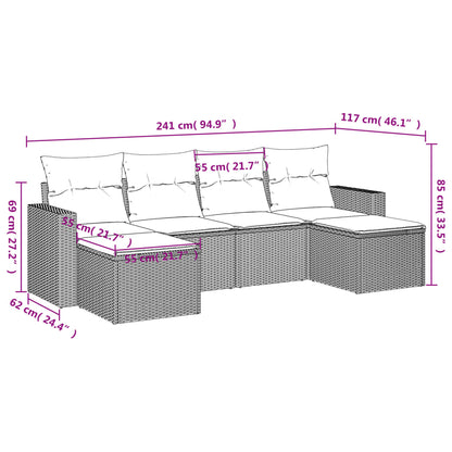 6 pcs conjunto sofás de jardim c/ almofadões vime PE preto