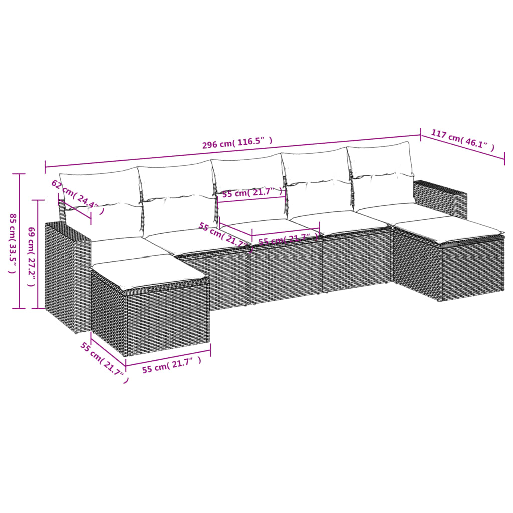 7 pcs conjunto de sofás p/ jardim c/ almofadões vime PE preto