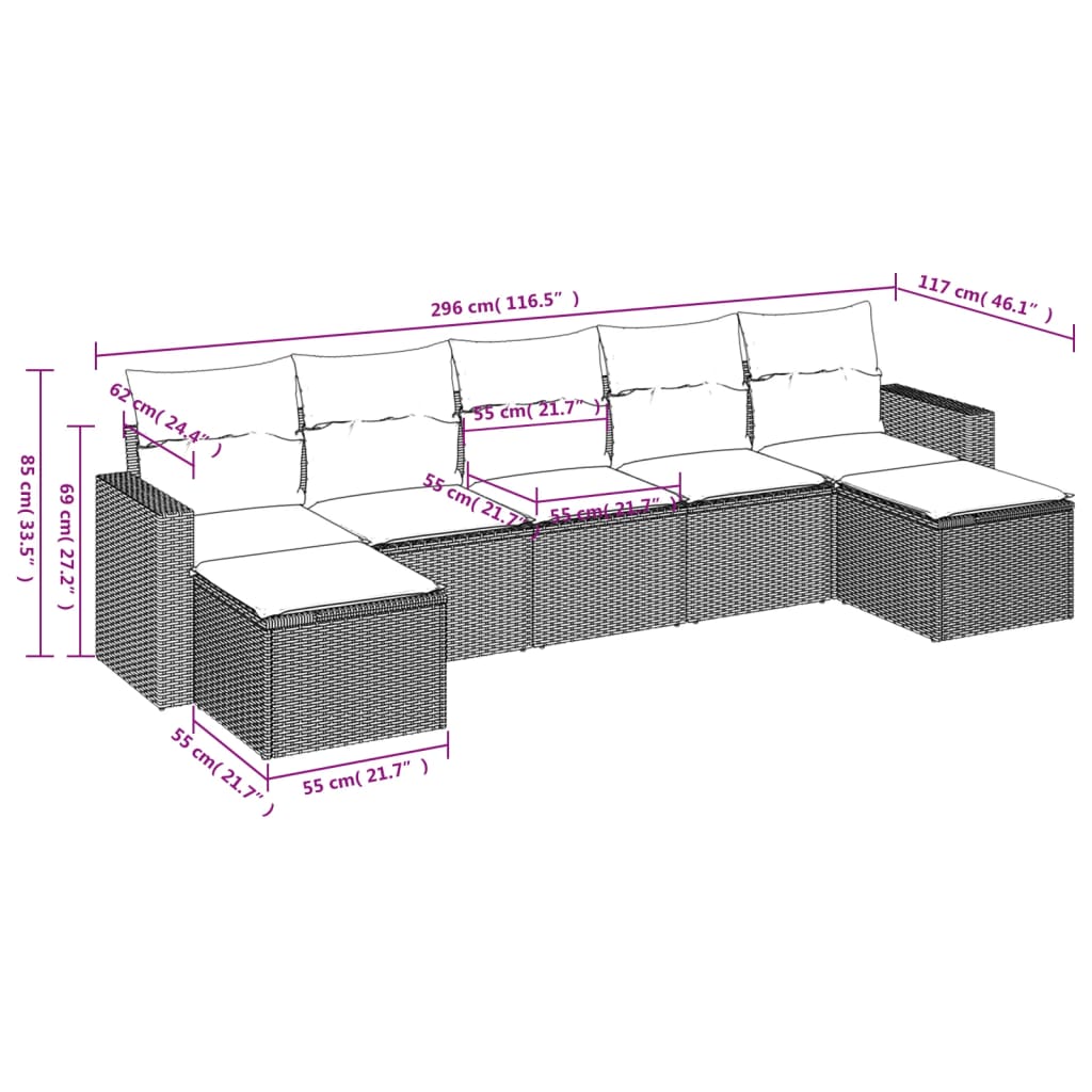 7 pcs conjunto de sofás p/ jardim com almofadões vime PE bege