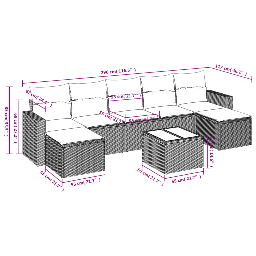 8 pcs conj. sofás jardim c/ almofadões vime PE cinzento-claro