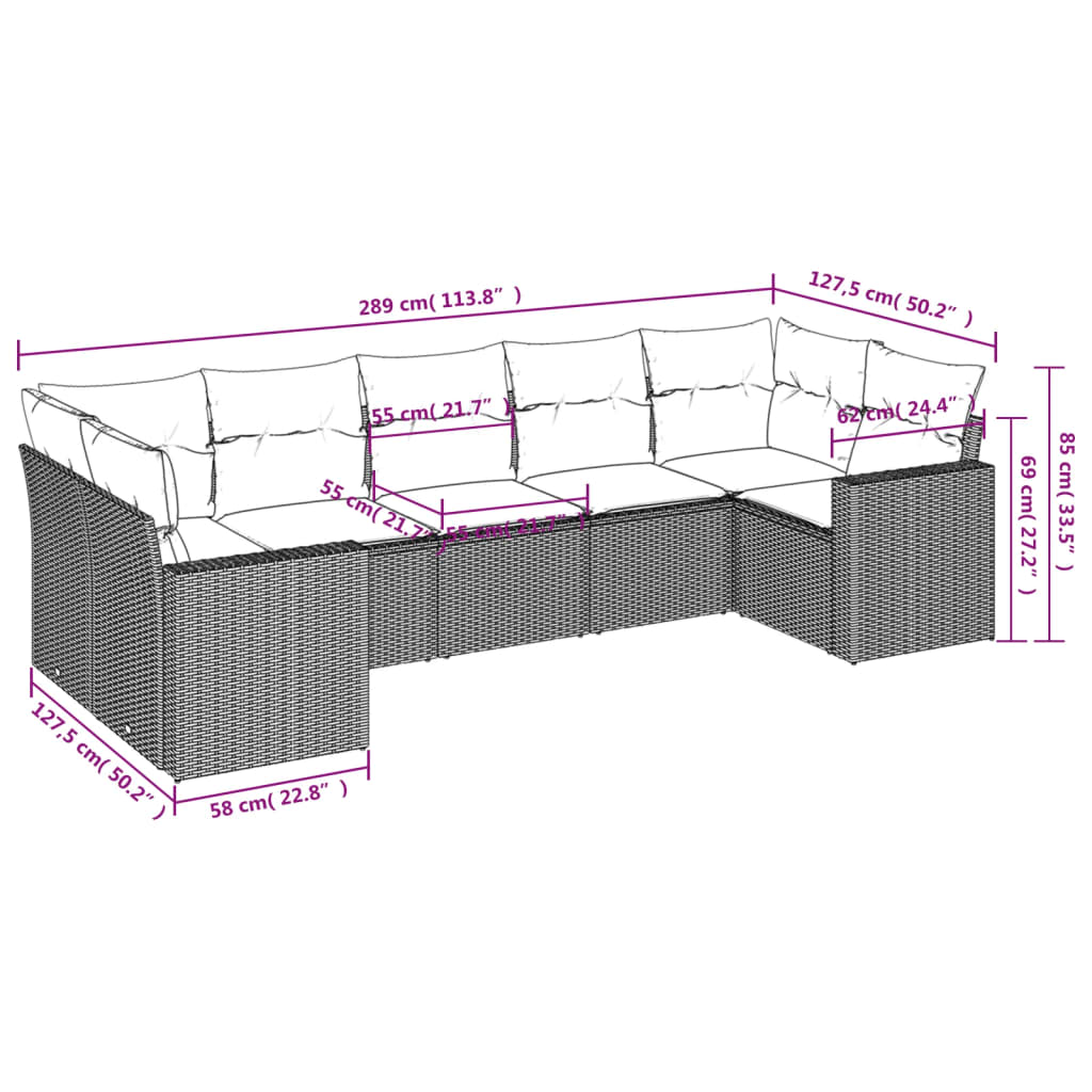 7 pcs conjunto de sofás jardim c/ almofadões vime PE castanho