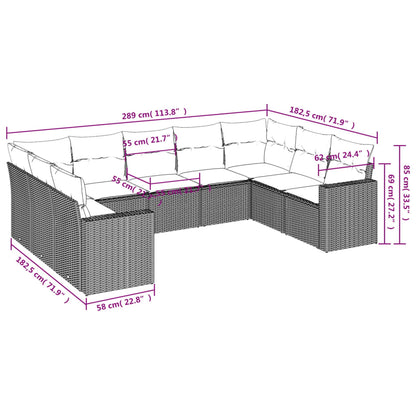 9 pcs conjunto sofás p/ jardim c/ almofadões vime PE castanho