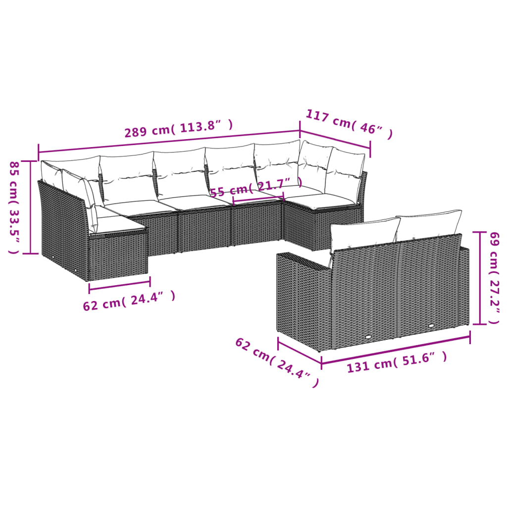 9 pcs conjunto de sofás p/ jardim com almofadões vime PE bege