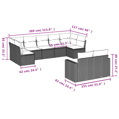 9 pcs conjunto sofás p/ jardim c/ almofadões vime PE castanho