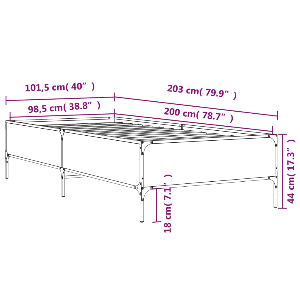 Estrutura cama 100x200 cm derivados madeira/metal cinza sonoma