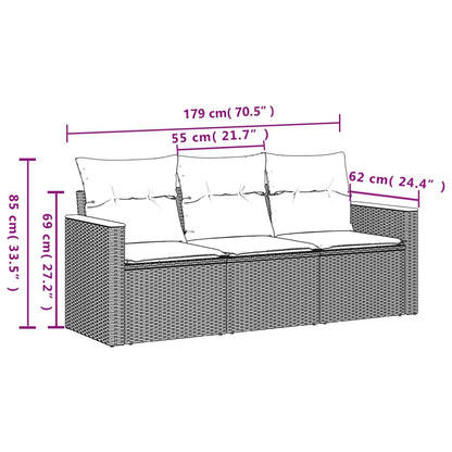 3 pcs conjunto sofás de jardim com almofadões vime PE preto