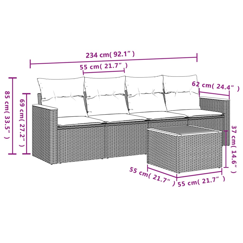 5 pcs conjunto sofás de jardim com almofadões vime PE preto