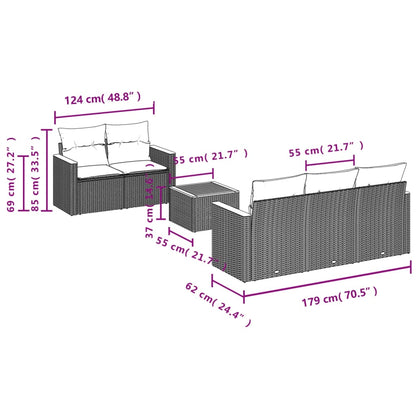 6 pcs conjunto sofás de jardim c/ almofadões vime PE preto