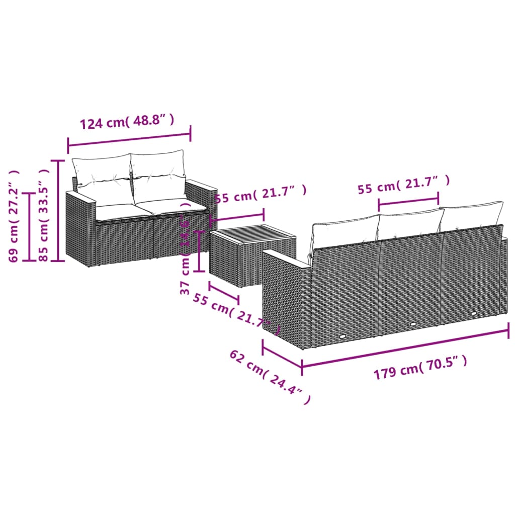 6 pcs conjunto sofás de jardim c/ almofadões vime PE preto