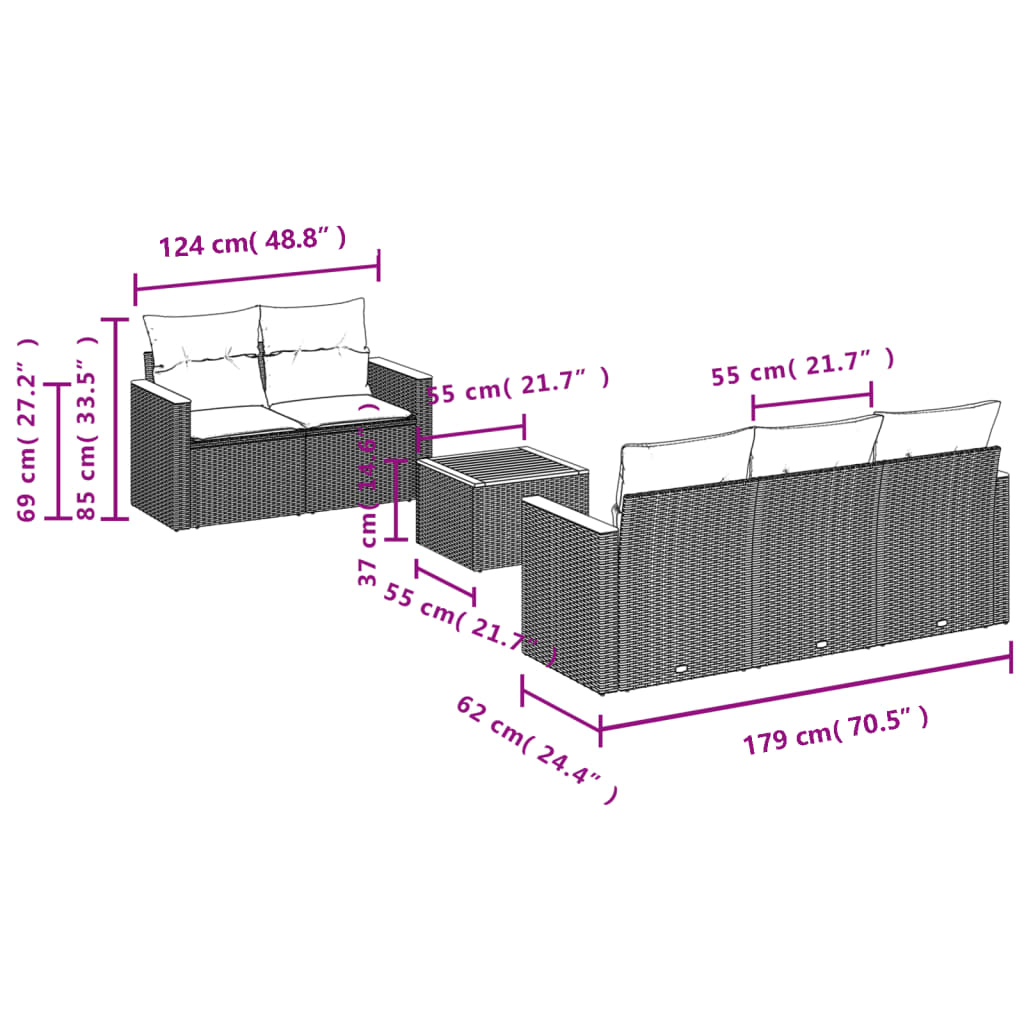 6 pcs conjunto sofás de jardim com almofadões vime cinzento