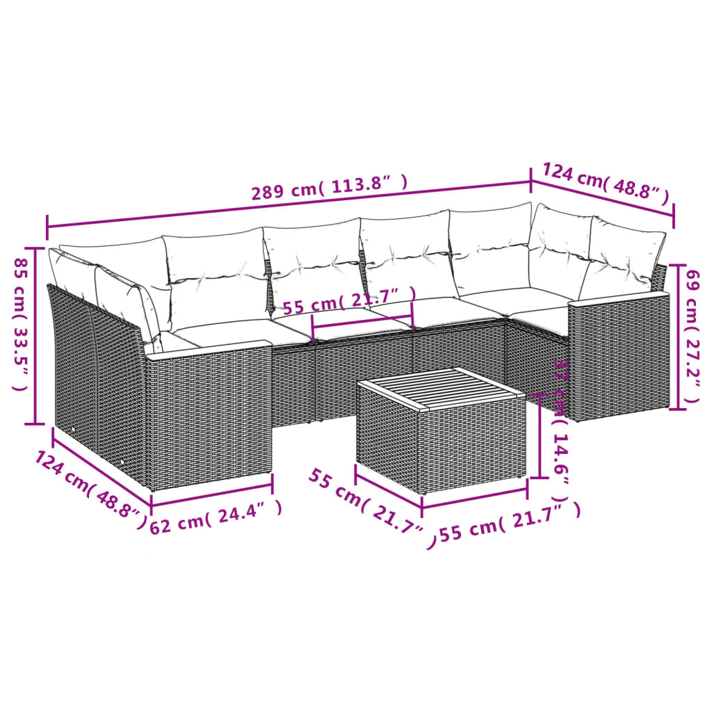 8 pcs conjunto sofás de jardim c/ almofadões vime PE cinzento