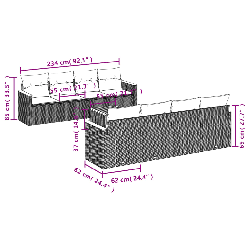 9 pcs conjunto de sofás p/ jardim c/ almofadões vime PE preto