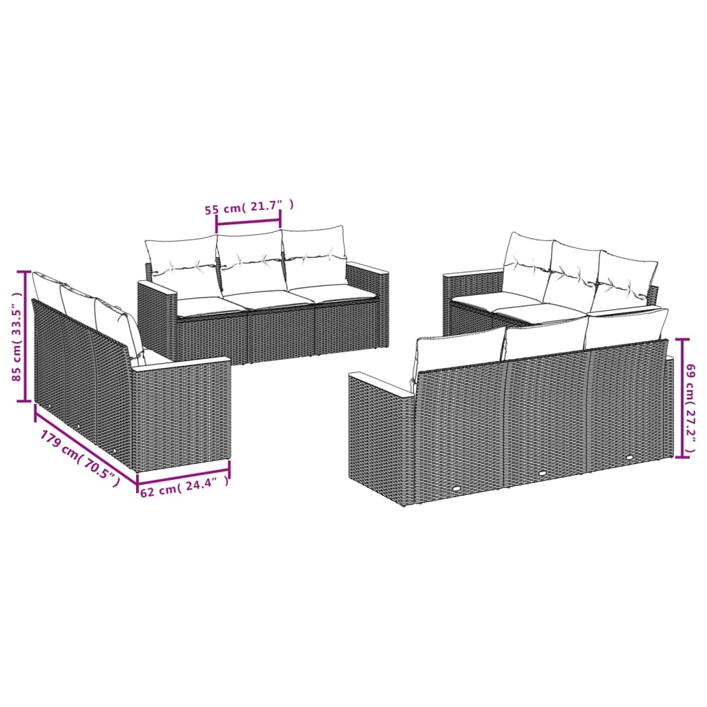 12 pcs conj. sofás jardim c/ almofadões vime PE bege misturado