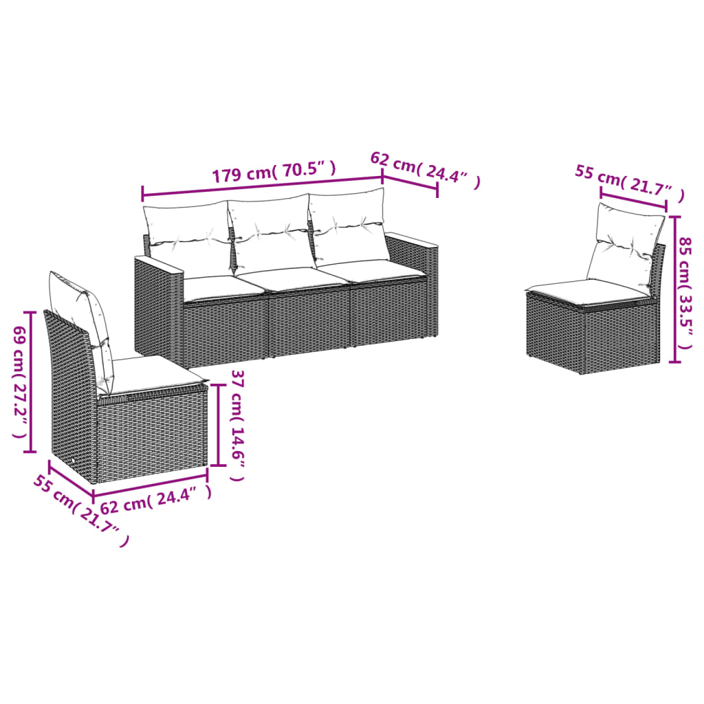 5 pcs conjunto sofás de jardim com almofadões vime PE preto