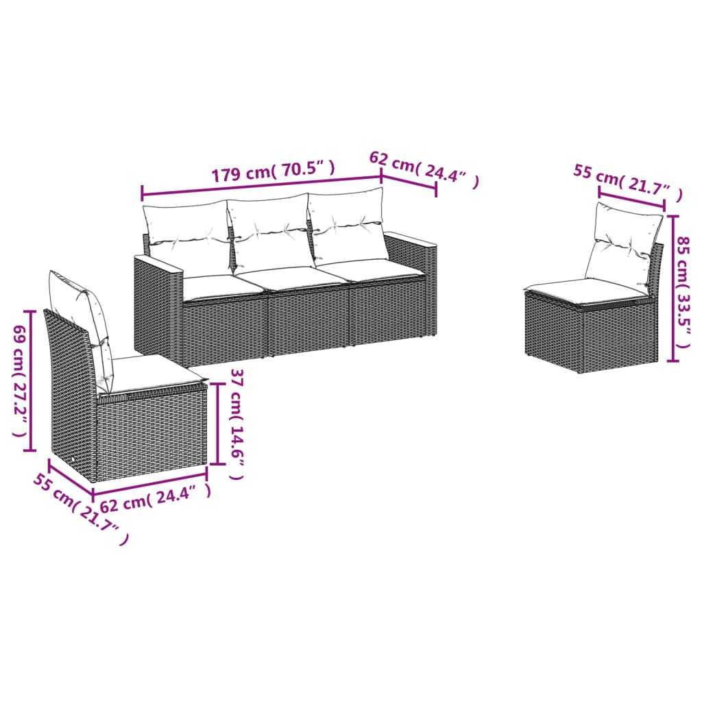 5 pcs conjunto de sofás p/ jardim com almofadões vime PE bege