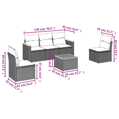 6 pcs conjunto sofás de jardim com almofadões vime cinzento