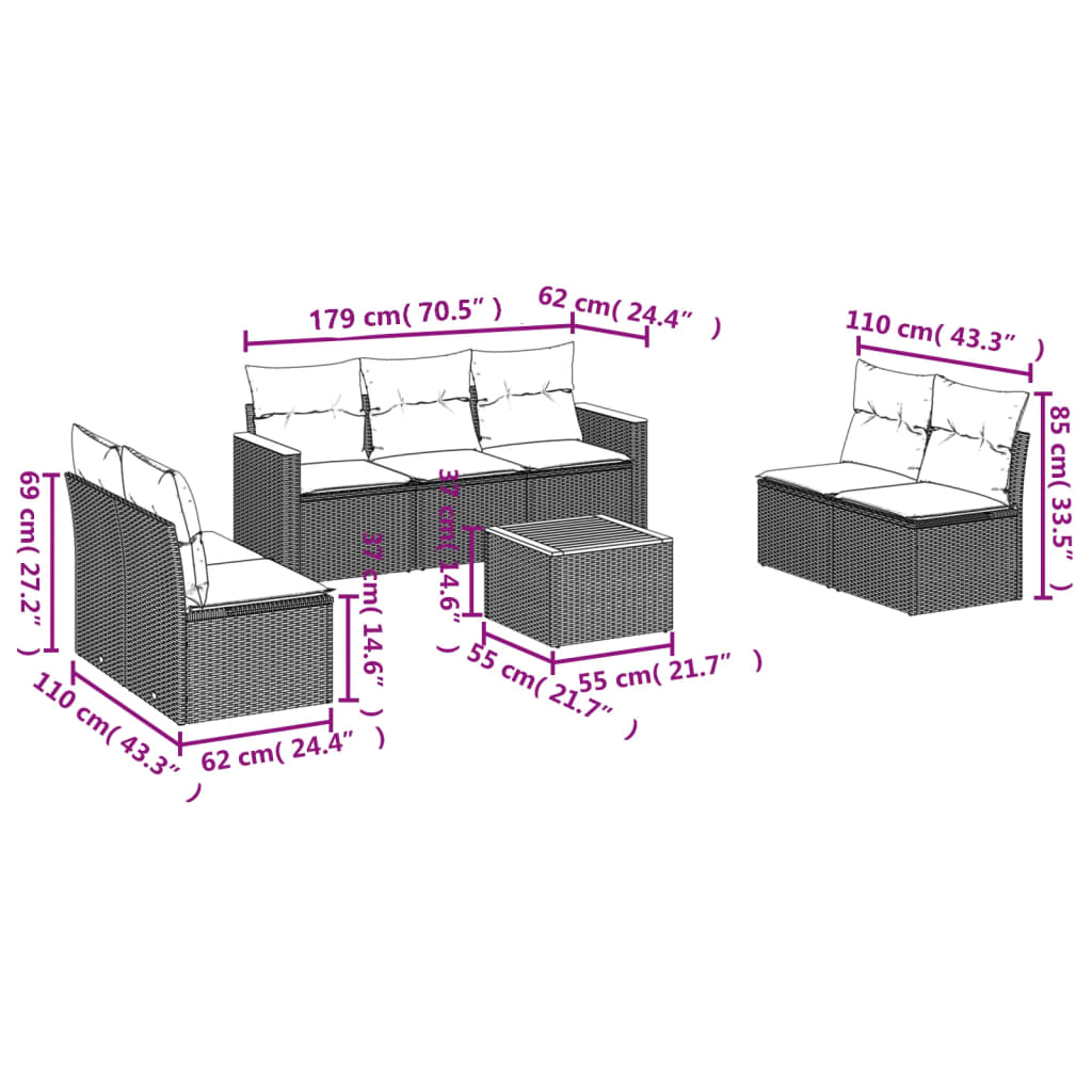 8 pcs conjunto sofás de jardim c/ almofadões vime PE cinzento