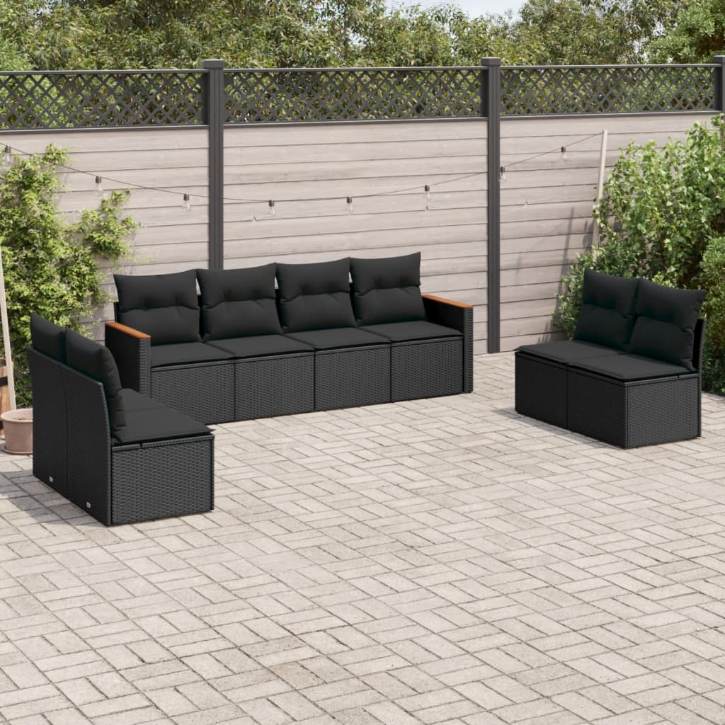 8 pcs conjunto sofás de jardim com almofadões vime PE preto