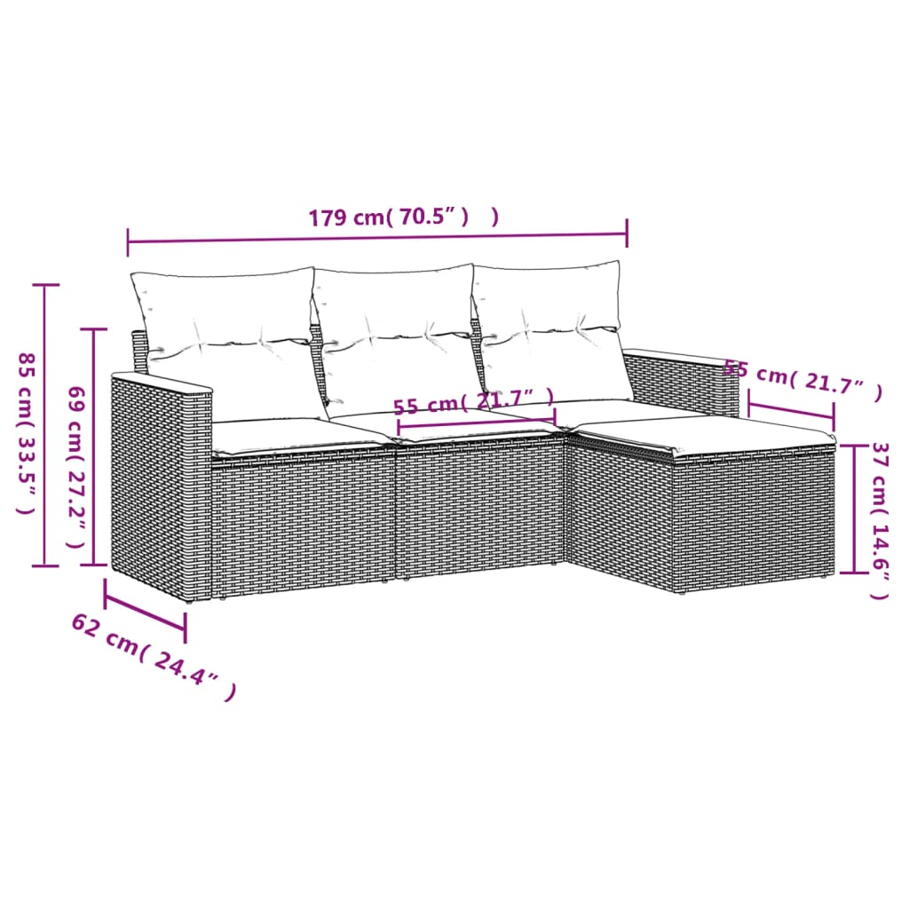 4 pcs conj. sofás jardim c/ almofadões vime PE bege misturado